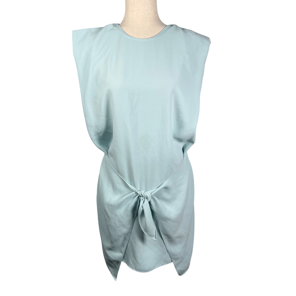 Amanda Uprichard Dress Mini S Blue Polyester Resort Tie Front Padded Shoulder